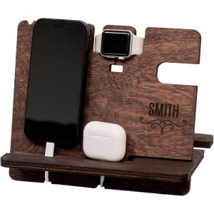 Wood Phone Docking Station – Wooden Charging Station Nightstand Organizer Bedside Phone Charger Station – Watch Stand for Men Iphone Docking Station – Idea for Anniversary Gifts (Design 2)(Design 1)
