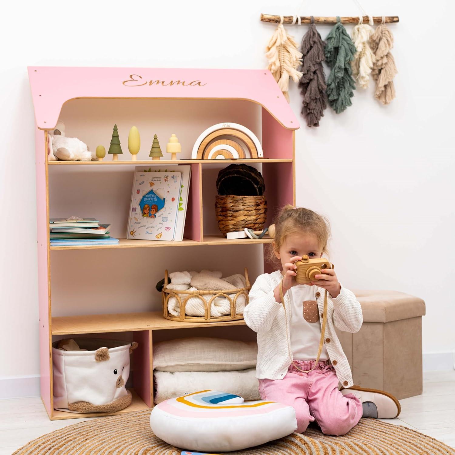 image:imageEnjoy The Wood Wooden Dollhouse Childrens Bookcase Storage Organizer House Bookshelf for Kids Baby Toy Shelf Book Case for Boys and Girls Children Bedroom Furniture PinkGreen