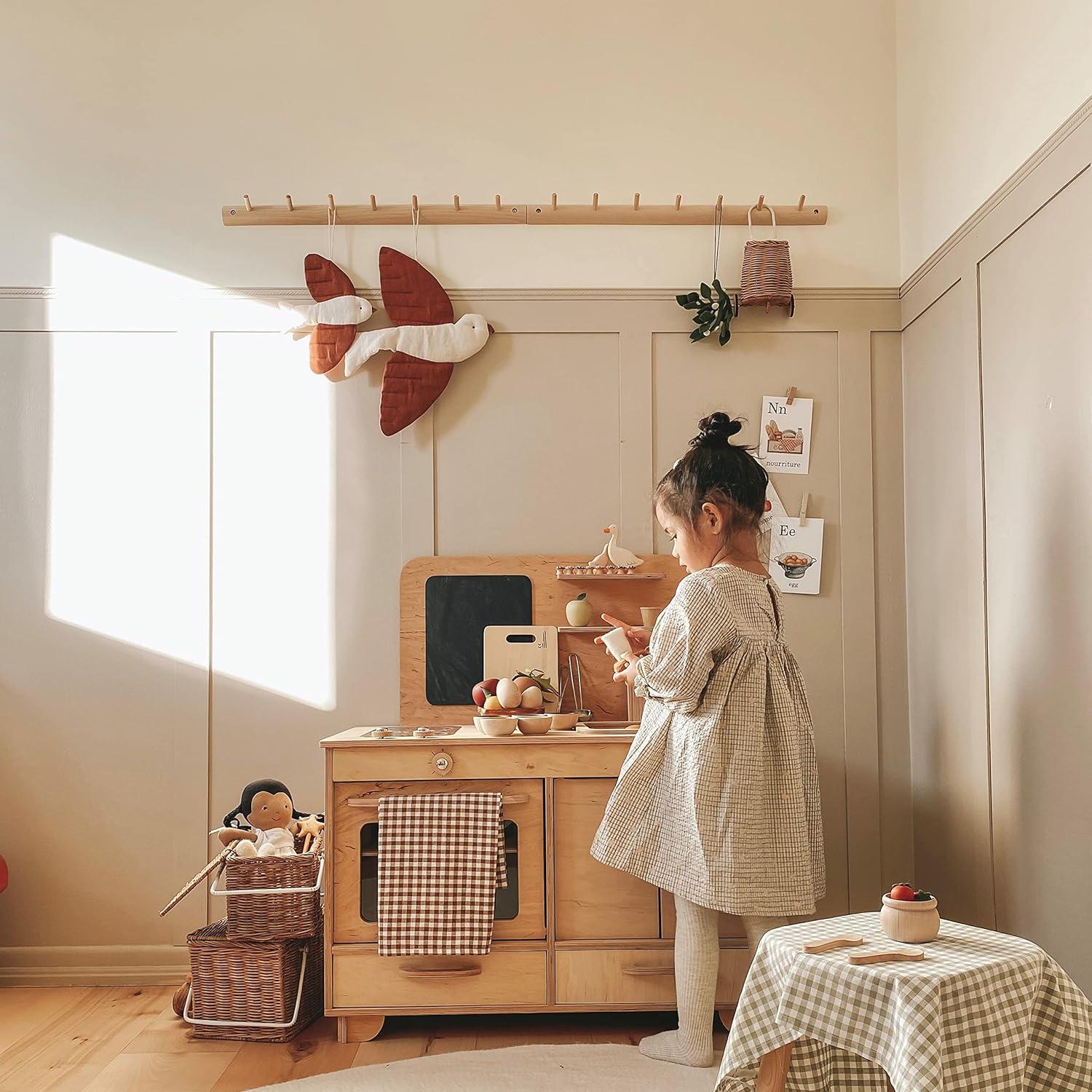 image:imageKids Pretend Play Kitchen Wooden Montessori Playroom Furniture Nursery Decor Birthday Gift for Toddler Girl Wood Natural Baby Neutral Room WhiteNatural