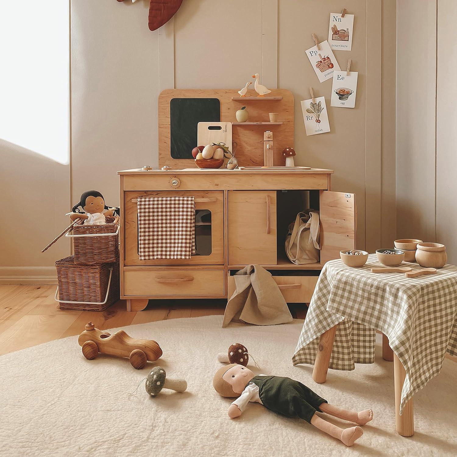 image:imageKids Pretend Play Kitchen Wooden Montessori Playroom Furniture Nursery Decor Birthday Gift for Toddler Girl Wood Natural Baby Neutral Room WhiteNatural