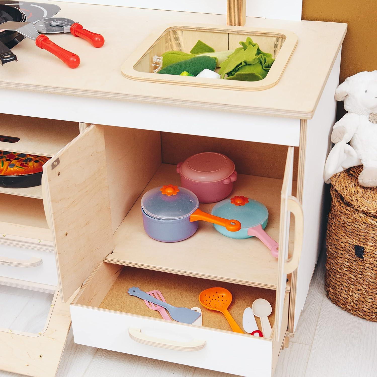 image:imageKids Pretend Play Kitchen Wooden Montessori Playroom Furniture Nursery Decor Birthday Gift for Toddler Girl Wood Natural Baby Neutral Room WhiteWhite