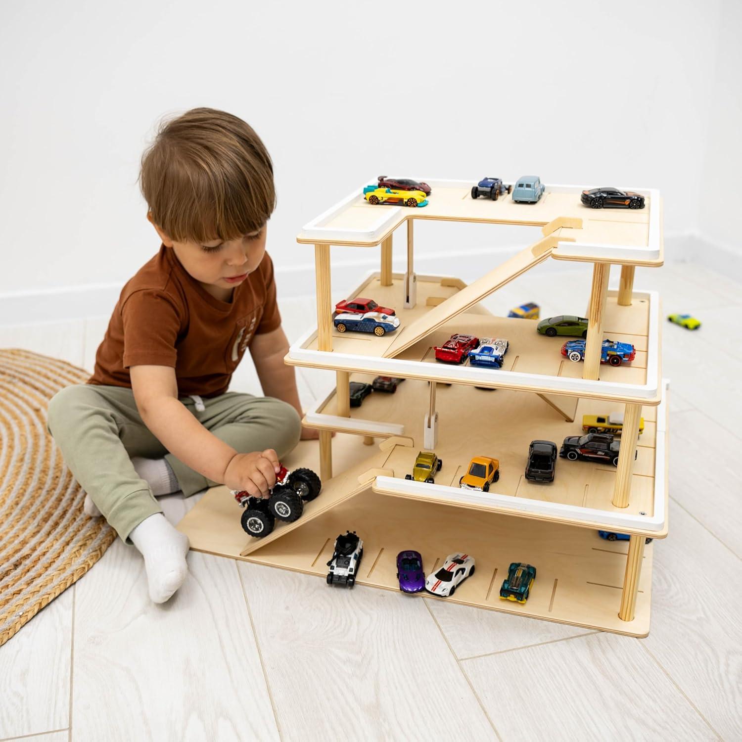 image:imageParking Garage for Toy Cars 20 Wooden Garage Toy Storage Organizer Big Toy Car Compatible 3Level Wooden Car Ramp Toy for Toddlers 14 Years Little People Garage Car Tower LightGrey