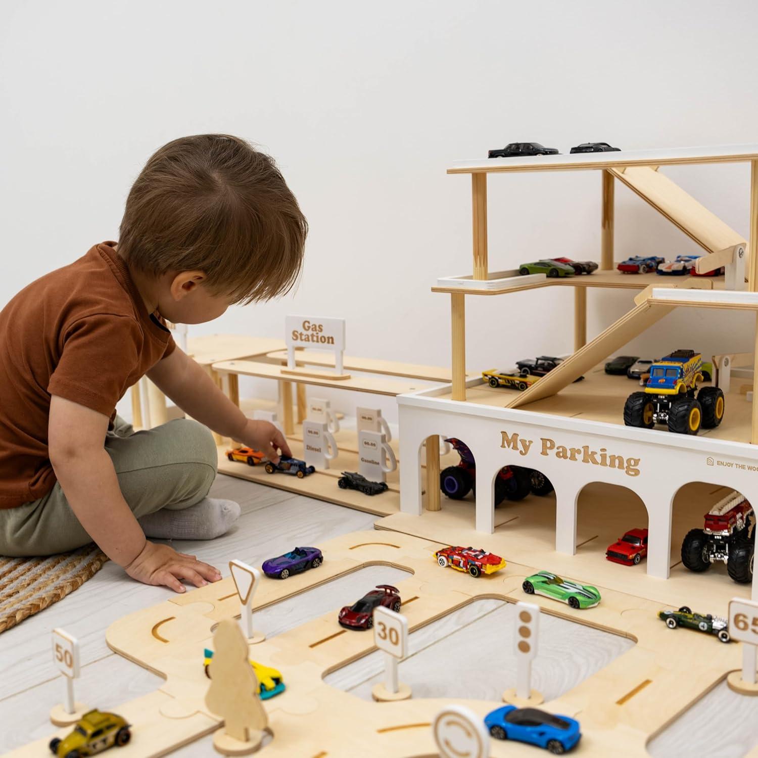 image:imageParking Garage for Toy Cars 20 Wooden Garage Toy Storage Organizer Big Toy Car Compatible 3Level Wooden Car Ramp Toy for Toddlers 14 Years Little People Garage Car Tower LightDark Walnut
