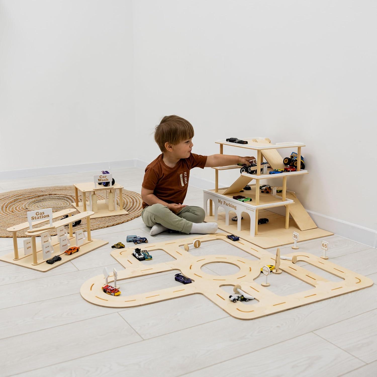 image:imageParking Garage for Toy Cars 20 Wooden Garage Toy Storage Organizer Big Toy Car Compatible 3Level Wooden Car Ramp Toy for Toddlers 14 Years Little People Garage Car Tower LightLight