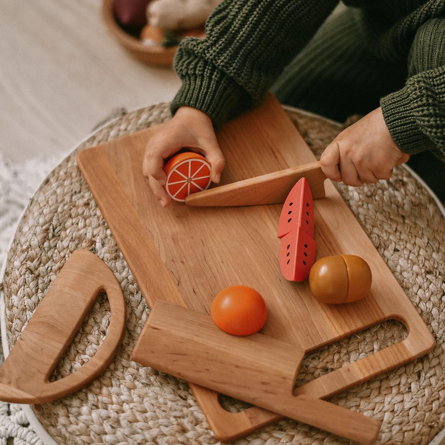 image:imageSafe Wooden Cutting Set for Kids Personalized Montessori Knife Cutting Board for Toddler Children Utensils Wooden Cutter Christmas Gift LightLight