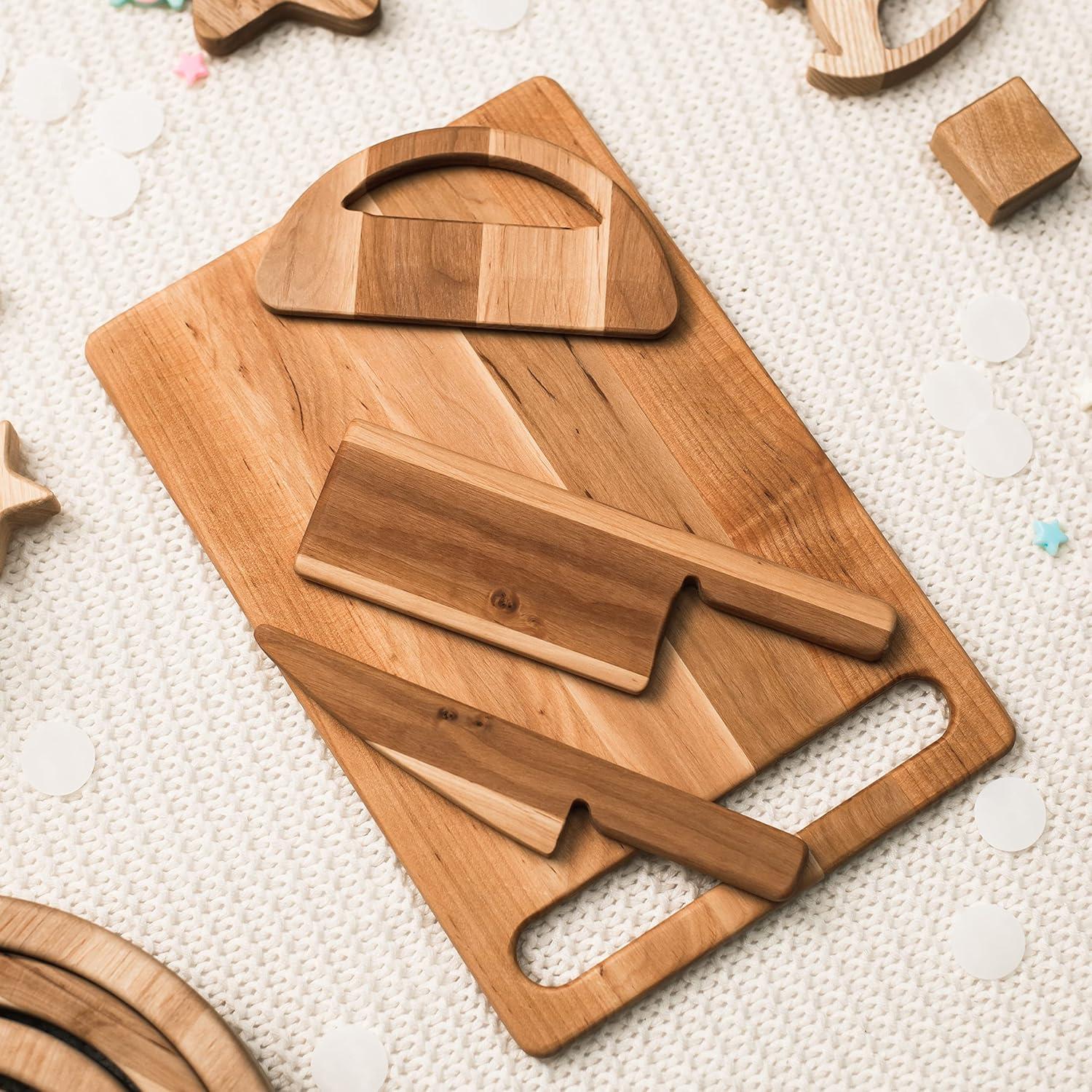 image:imageSafe Wooden Cutting Set for Kids Personalized Montessori Knife Cutting Board for Toddler Children Utensils Wooden Cutter Christmas Gift LightRed