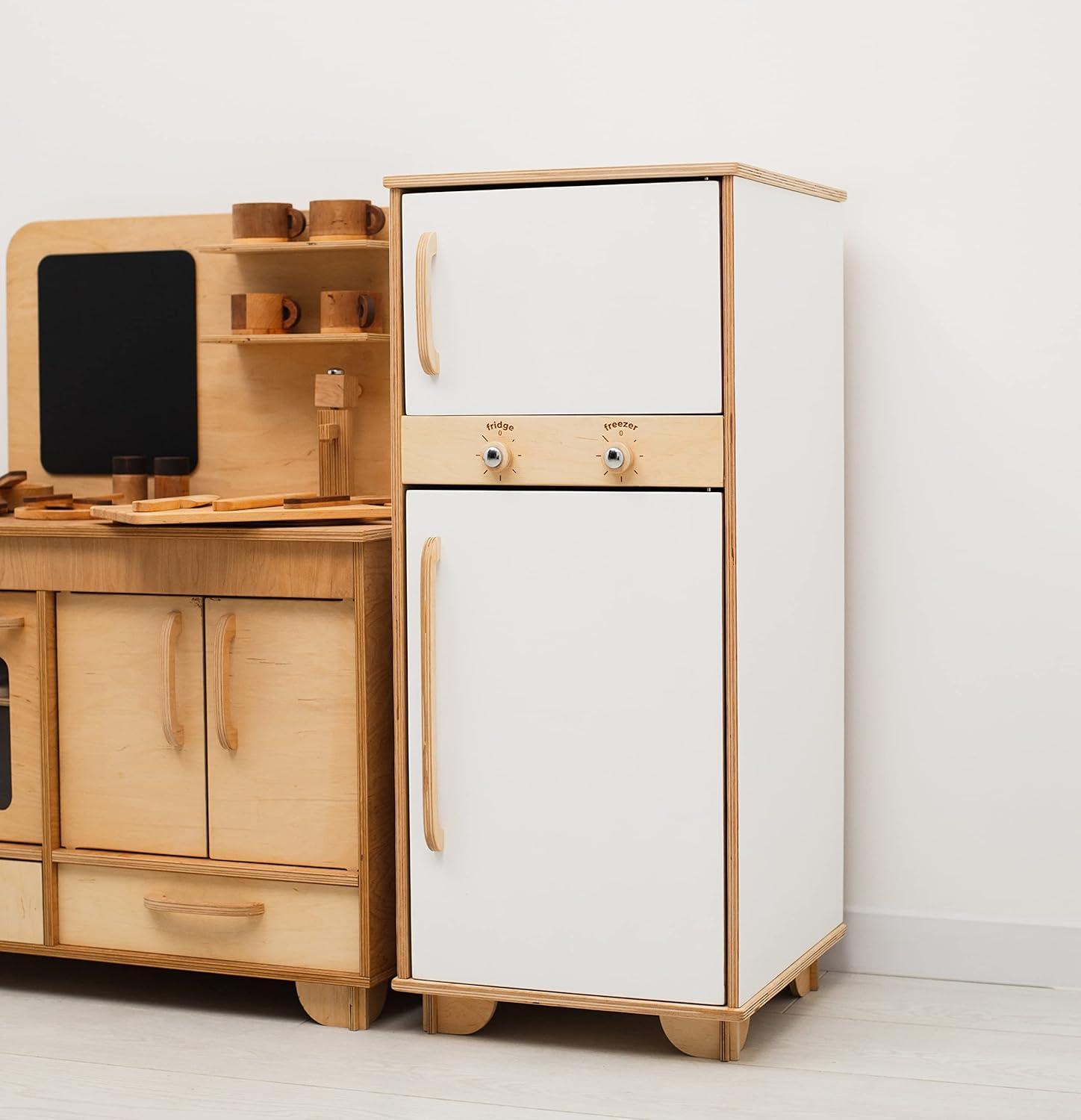 image:imageWooden Play Fridge Toy Pretend Play Refrigerator for Toddlers Montessori Toys for Children Kids Gift for 2nd 3rd Birthday Playroom Decor Big no door shelves NaturalDark Walnut