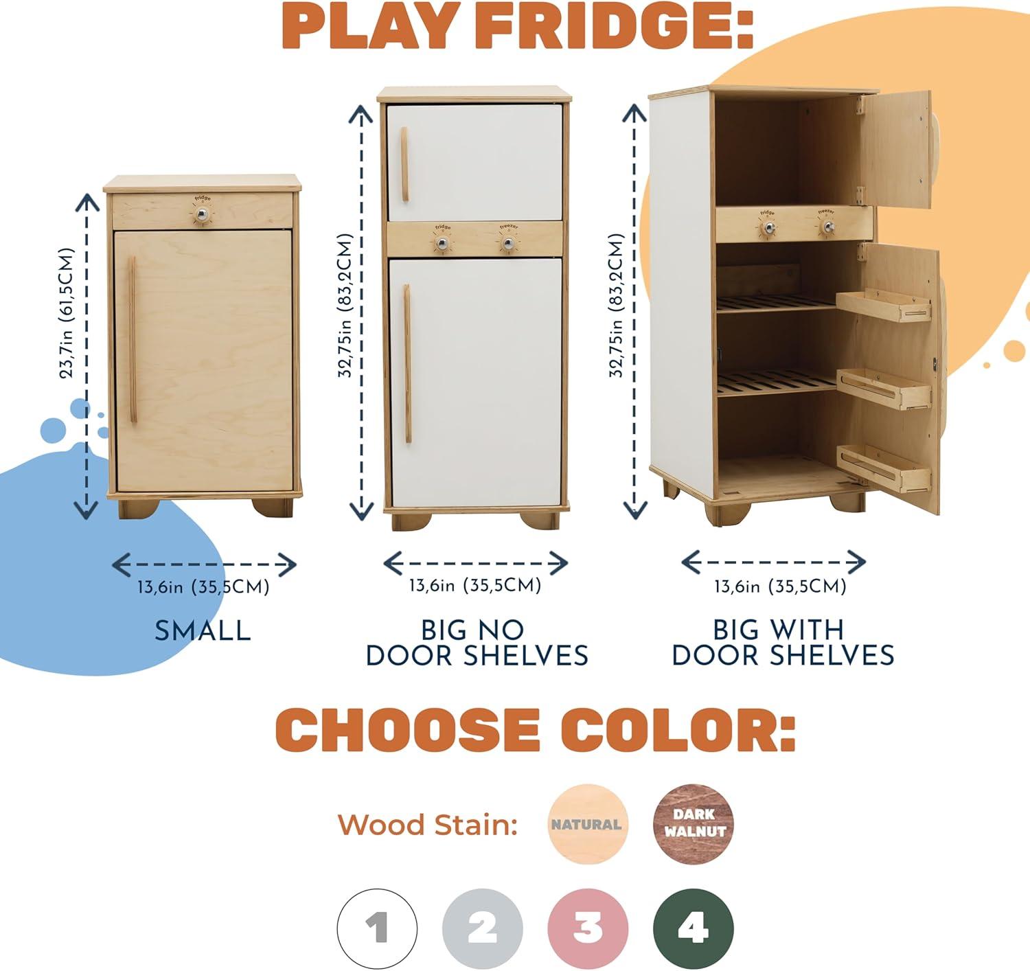 image:imageWooden Play Fridge Toy Pretend Play Refrigerator for Toddlers Montessori Toys for Children Kids Gift for 2nd 3rd Birthday Playroom Decor Big no door shelves NaturalWhite