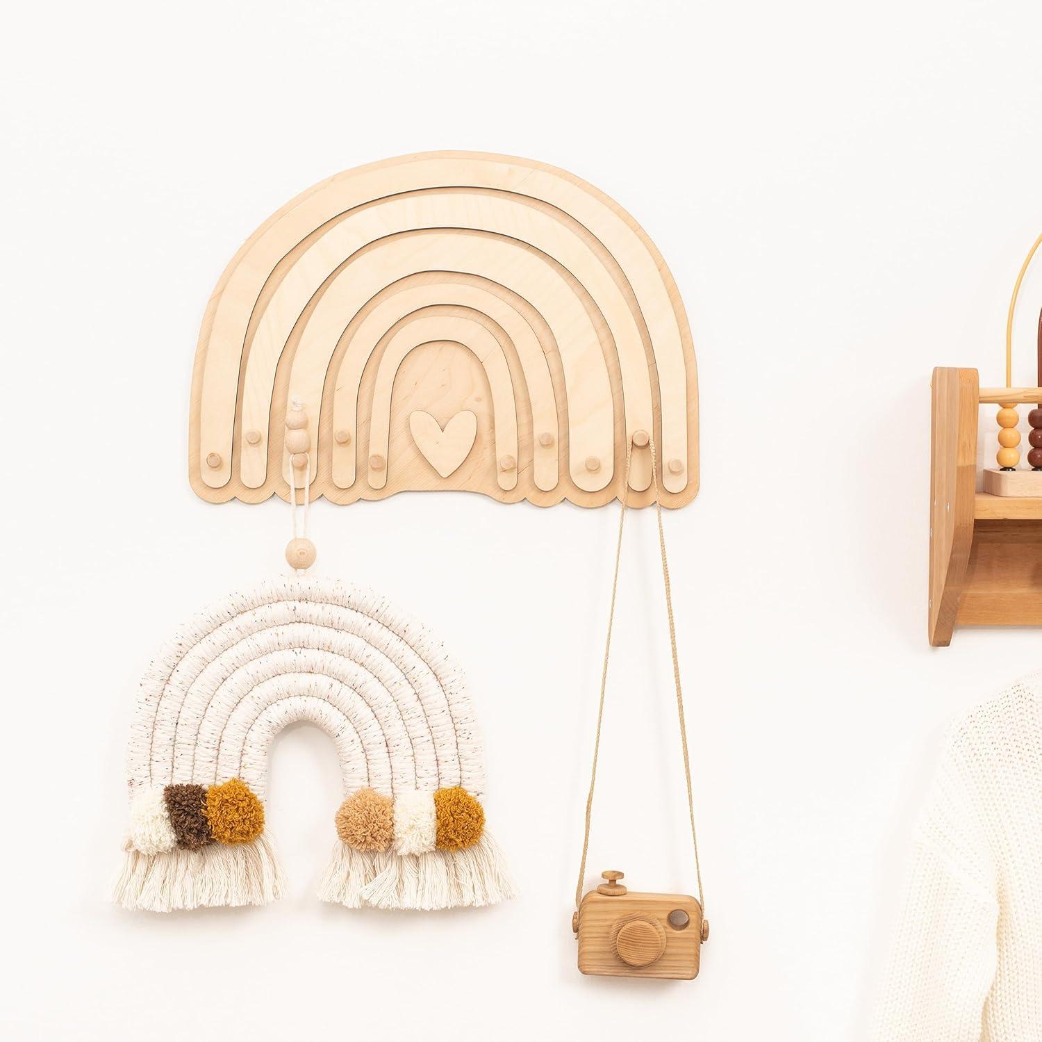 image:imageWooden Wall Hanger Nursery Wall Decor Stylish and Functional Wall Hooks for Clothes and Accessories Baby Room Art Toddler Birthday Gift Kids Playroom MountainsRainbow Natural