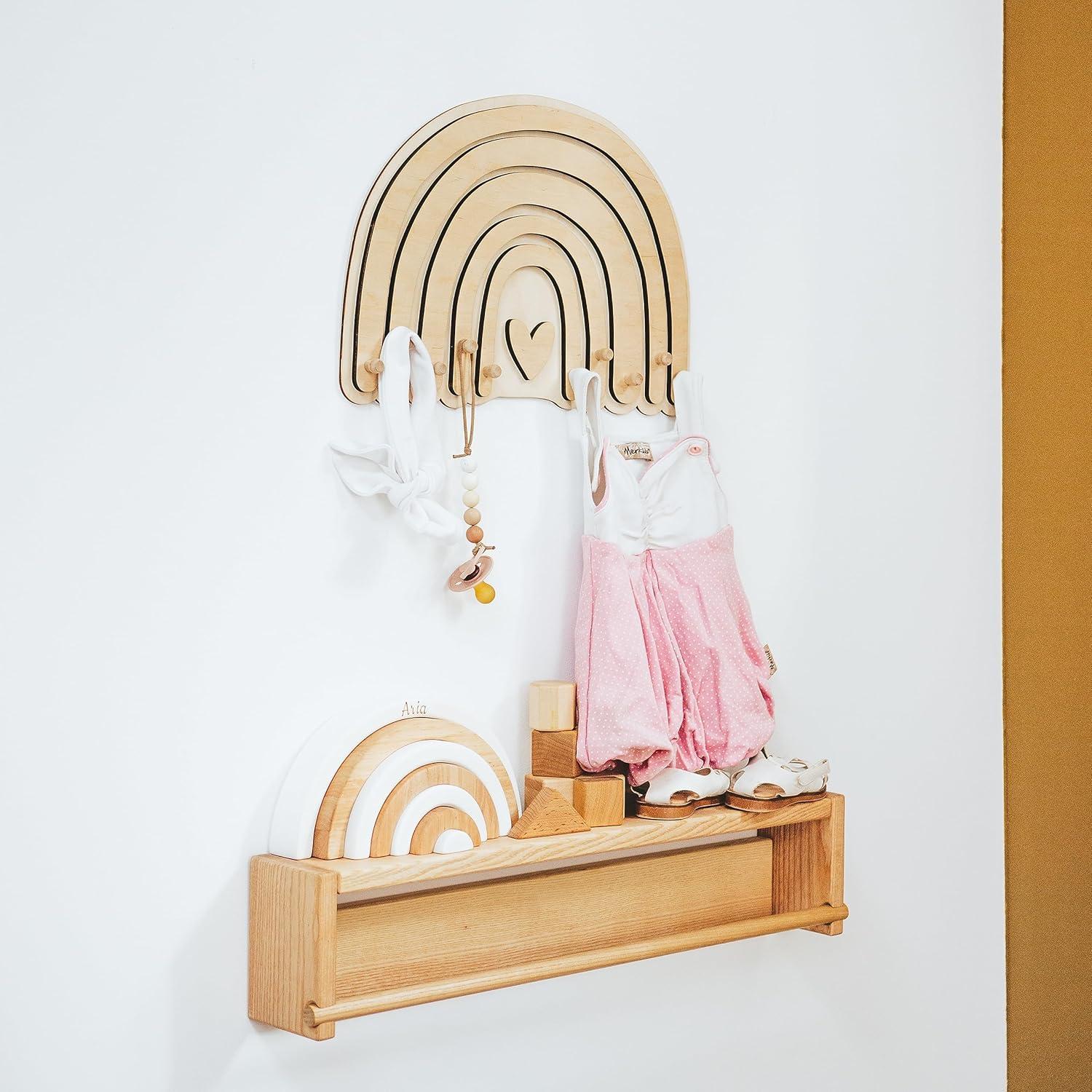 image:imageWooden Wall Hanger Nursery Wall Decor Stylish and Functional Wall Hooks for Clothes and Accessories Baby Room Art Toddler Birthday Gift Kids Playroom MountainsRainbow Natural