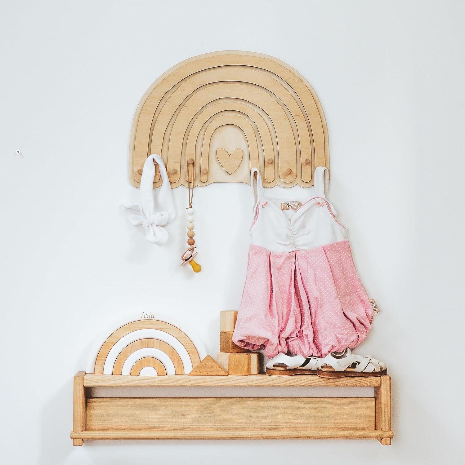image:imageWooden Wall Hanger Nursery Wall Decor Stylish and Functional Wall Hooks for Clothes and Accessories Baby Room Art Toddler Birthday Gift Kids Playroom MountainsRainbow Natural