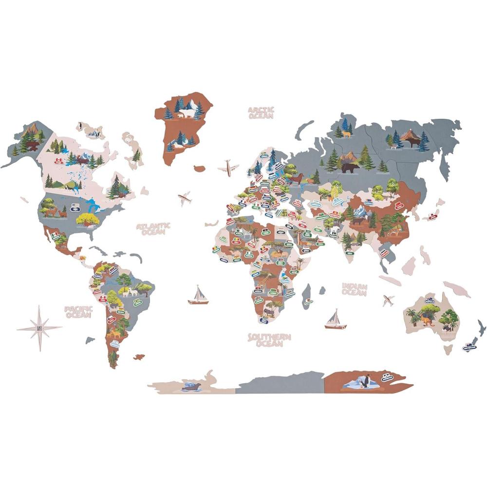 image:imageKids World Animal Wall Map Wooden Stickers Decals Peel and Stick Removable Decor for Nursery Bedroom Hanging Canvas Art Maps Baby Animals of World Children Education IndigoKhaki