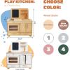 Kids Pretend Play Kitchen Wooden Montessori Playroom Furniture Nursery Decor Birthday Gift for Toddler Girl Wood Natural Baby Neutral Room (White)(Natural)