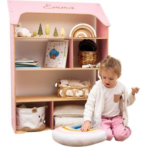 Enjoy The Wood Wooden Dollhouse Children’s Bookcase – Storage Organizer House Bookshelf for Kids – Baby Toy Shelf Book Case for Boys and Girls – Children Bedroom Furniture (Pink)(Dark Walnut)
