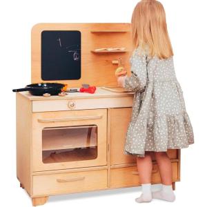 Kids Pretend Play Kitchen Wooden Montessori Playroom Furniture Nursery Decor Birthday Gift for Toddler Girl Wood Natural Baby Neutral Room (White)(Natural)