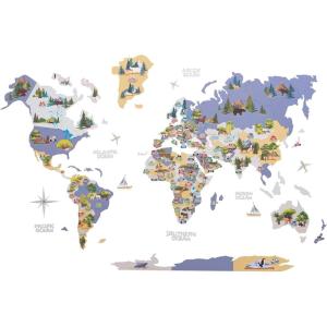 Kids World Animal Wall Map Wooden Stickers Decals Peel and Stick Removable Decor for Nursery Bedroom Hanging Canvas Art Maps Baby Animals of World Children Education (Indigo)(Indigo)