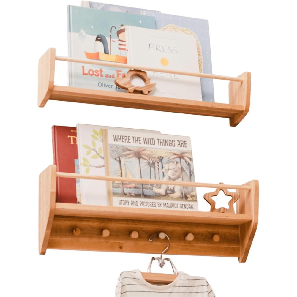 image:imageEnjoy The Wood Nursery Wall Bookshelf Wooden Book Shelves for Kids Wall Mounted Shelf with Hooks Nursery Decor Kids Montessori Furniture Toodler Gift SmallSmall