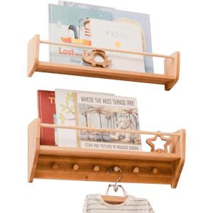 Enjoy The Wood Nursery Wall Bookshelf Wooden Book Shelves for Kids Wall Mounted Shelf with Hooks Nursery Decor Kids Montessori Furniture Toodler Gift (Small)(Large)