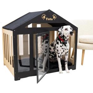 ENJOY THE WOOD Wooden Dog House Indoor with Fabric Roof – Indoor & Outdoor Dog House with Custom Engraving Option, Multiple Sizes & Colors – Personalized Housewarming Gift for Pet Owner (Light)(Black)