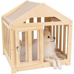 ENJOY THE WOOD Wooden Dog House Indoor with Fabric Roof – Indoor & Outdoor Dog House with Custom Engraving Option, Multiple Sizes & Colors – Personalized Housewarming Gift for Pet Owner (Light)(Light)