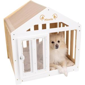 ENJOY THE WOOD Wooden Dog House Indoor with Fabric Roof – Indoor & Outdoor Dog House with Custom Engraving Option, Multiple Sizes & Colors – Personalized Housewarming Gift for Pet Owner (Light)(White)