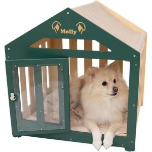 ENJOY THE WOOD Wooden Dog House Indoor with Fabric Roof – Indoor & Outdoor Dog House with Custom Engraving Option, Multiple Sizes & Colors – Personalized Housewarming Gift for Pet Owner (Light)(Green)