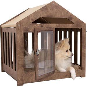 ENJOY THE WOOD Wooden Dog House Indoor with Fabric Roof – Indoor & Outdoor Dog House with Custom Engraving Option, Multiple Sizes & Colors – Personalized Housewarming Gift for Pet Owner (Light)(Dark Walnut)