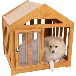 ENJOY THE WOOD Wooden Dog House Indoor with Fabric Roof – Indoor & Outdoor Dog House with Custom Engraving Option, Multiple Sizes & Colors – Personalized Housewarming Gift for Pet Owner (Light)(Oak)