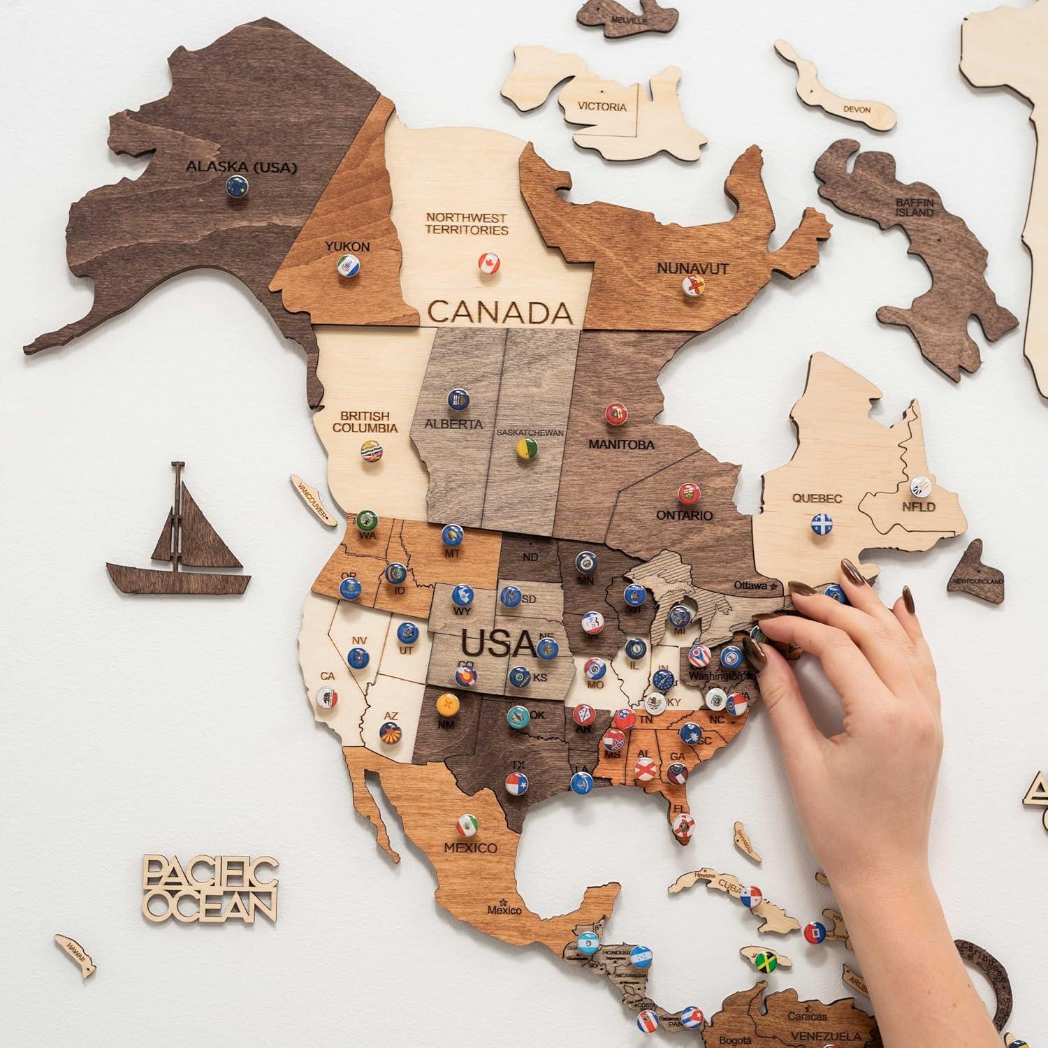image:imageENJOY THE WOOD Home Dcor 3D Wood World Map Wall Art Large Wall Dcor World Travel Map Gift Idea Art for Home amp Kitchen or Office Small LightDark Walnut