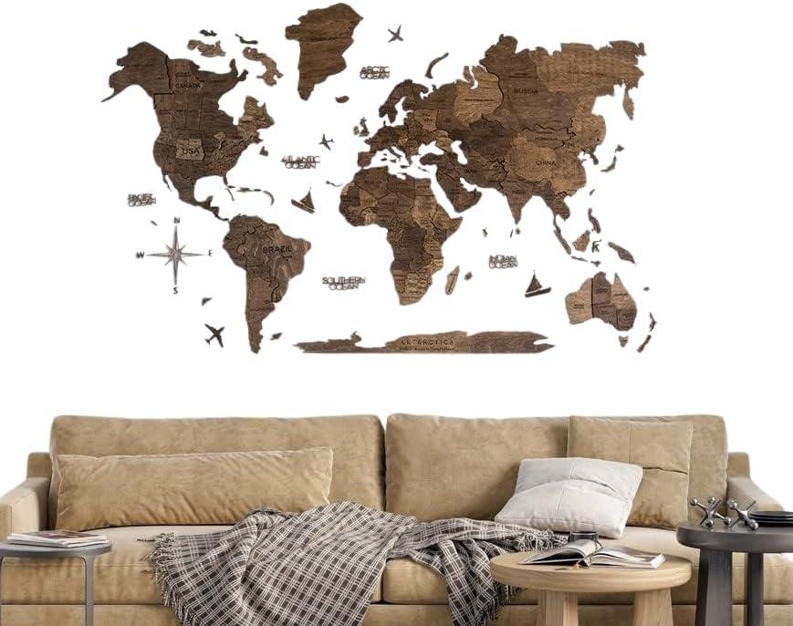 image:imageENJOY THE WOOD Home Dcor 3D Wood World Map Wall Art Large Wall Dcor World Travel Map Gift Idea Art for Home amp Kitchen or Office Small LightDark Walnut