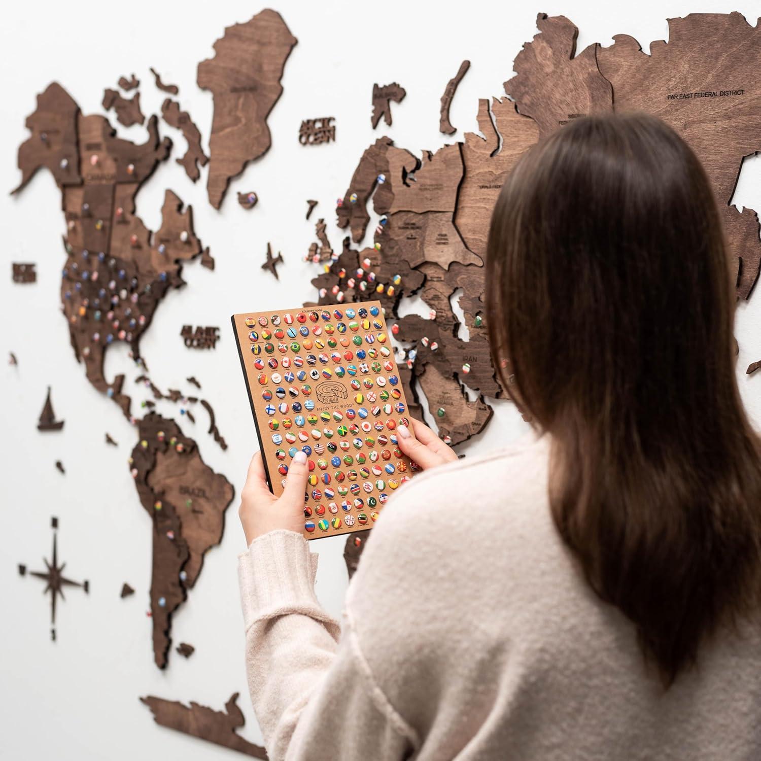 image:imageENJOY THE WOOD Home Dcor 3D Wood World Map Wall Art Large Wall Dcor World Travel Map Gift Idea Art for Home amp Kitchen or Office Small LightDark Walnut