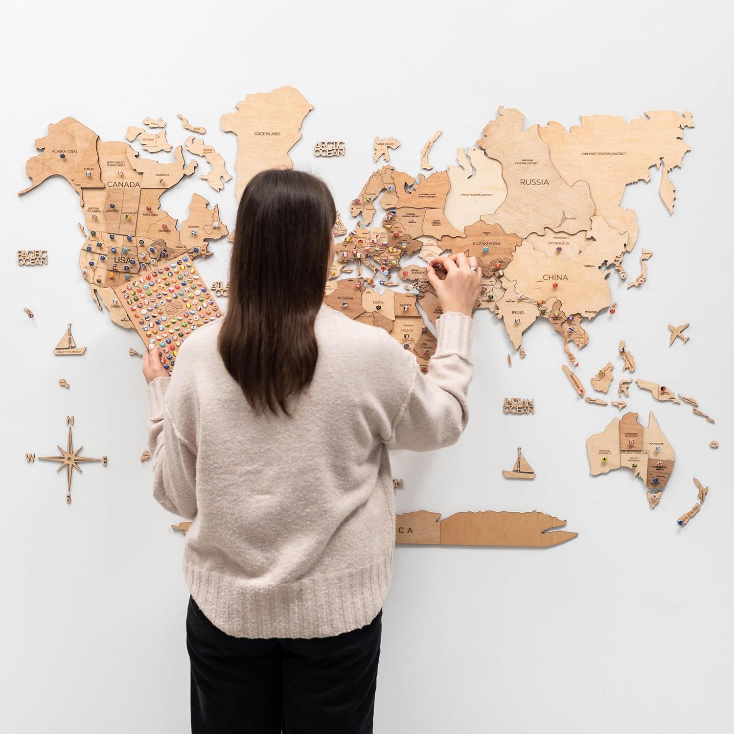image:imageENJOY THE WOOD Home Dcor 3D Wood World Map Wall Art Large Wall Dcor World Travel Map Gift Idea Art for Home amp Kitchen or Office Small LightLight