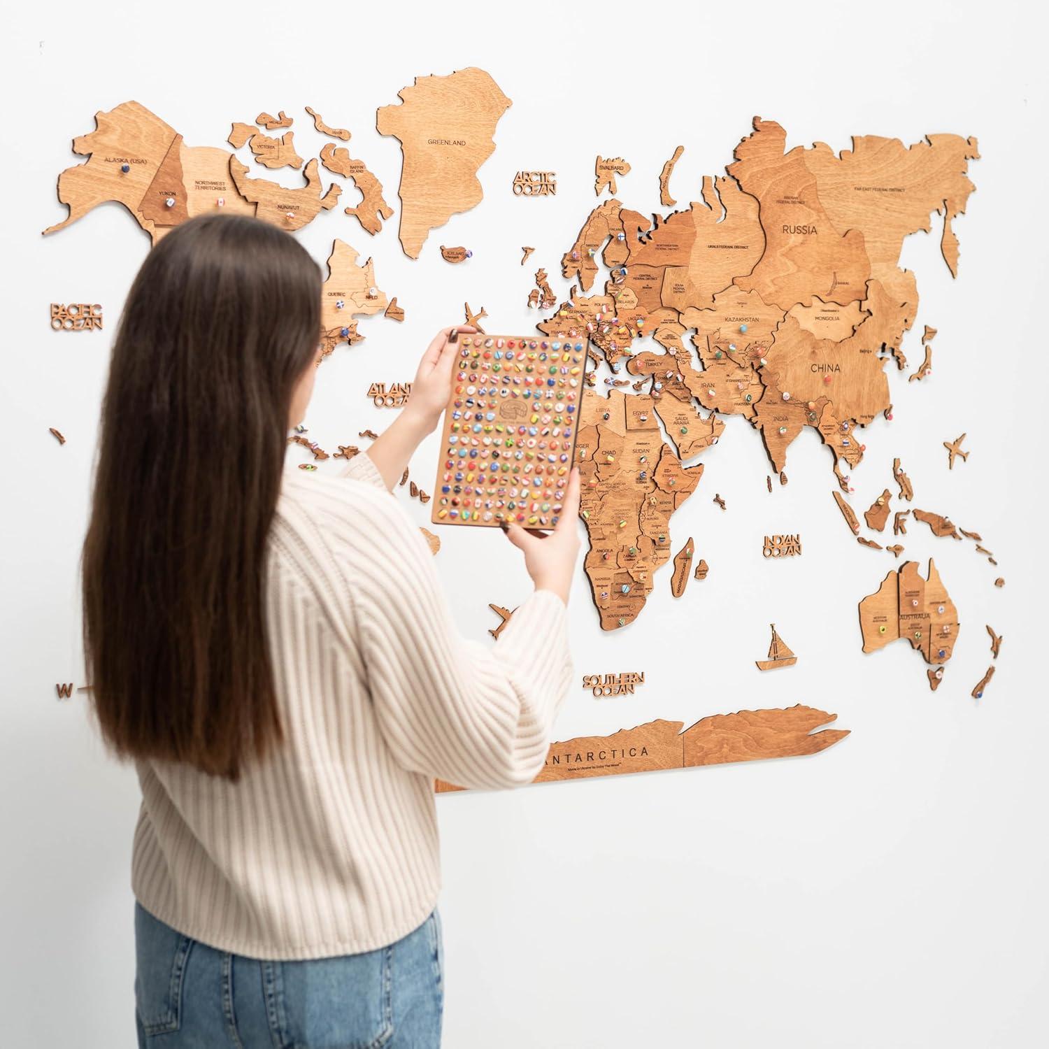 image:imageENJOY THE WOOD Home Dcor 3D Wood World Map Wall Art Large Wall Dcor World Travel Map Gift Idea Art for Home amp Kitchen or Office Small LightOak