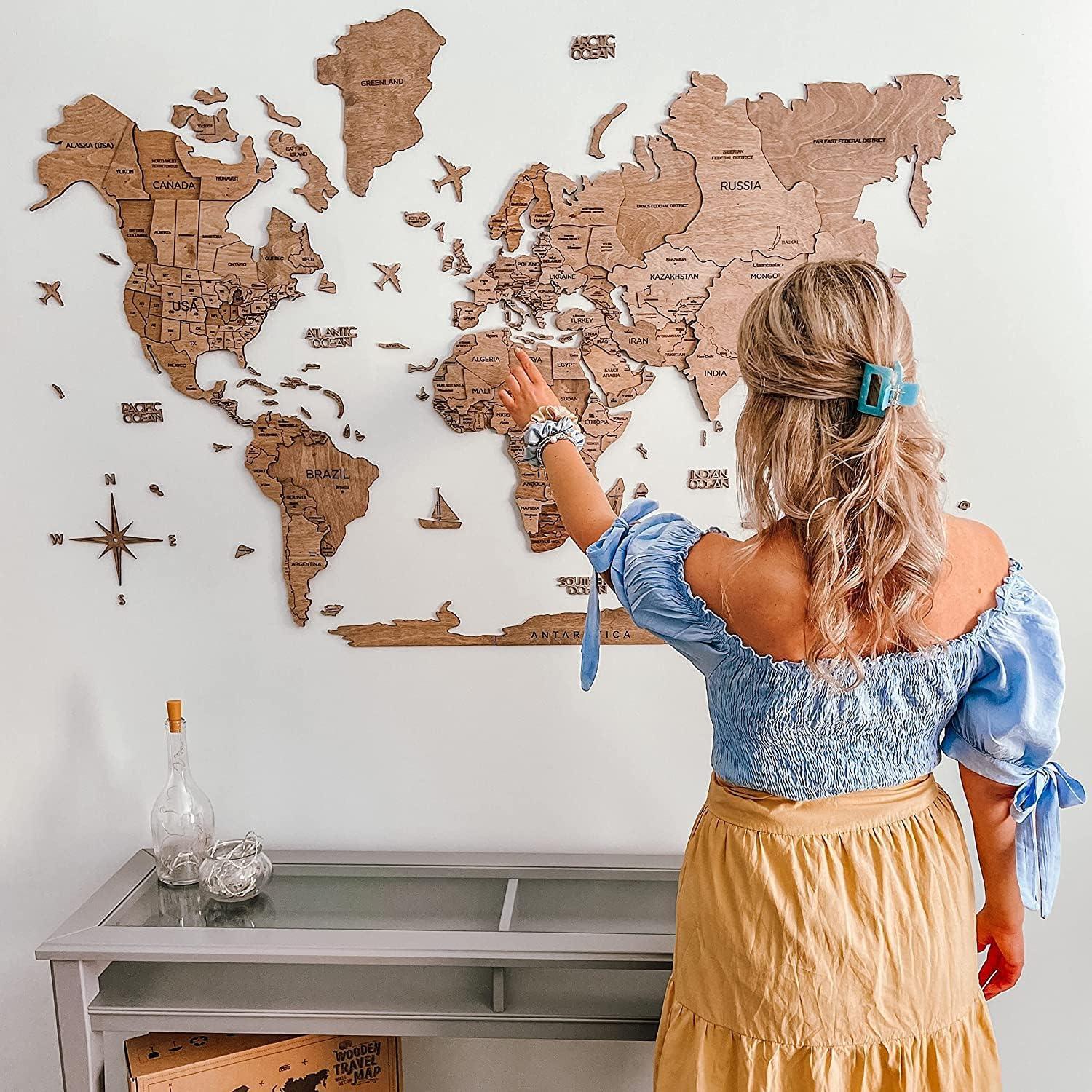image:imageENJOY THE WOOD Home Dcor 3D Wood World Map Wall Art Large Wall Dcor World Travel Map Gift Idea Art for Home amp Kitchen or Office Small LightTerra