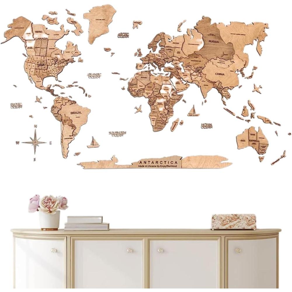 image:imageENJOY THE WOOD Home Dcor 3D Wood World Map Wall Art Large Wall Dcor World Travel Map Gift Idea Art for Home amp Kitchen or Office Small LightLight