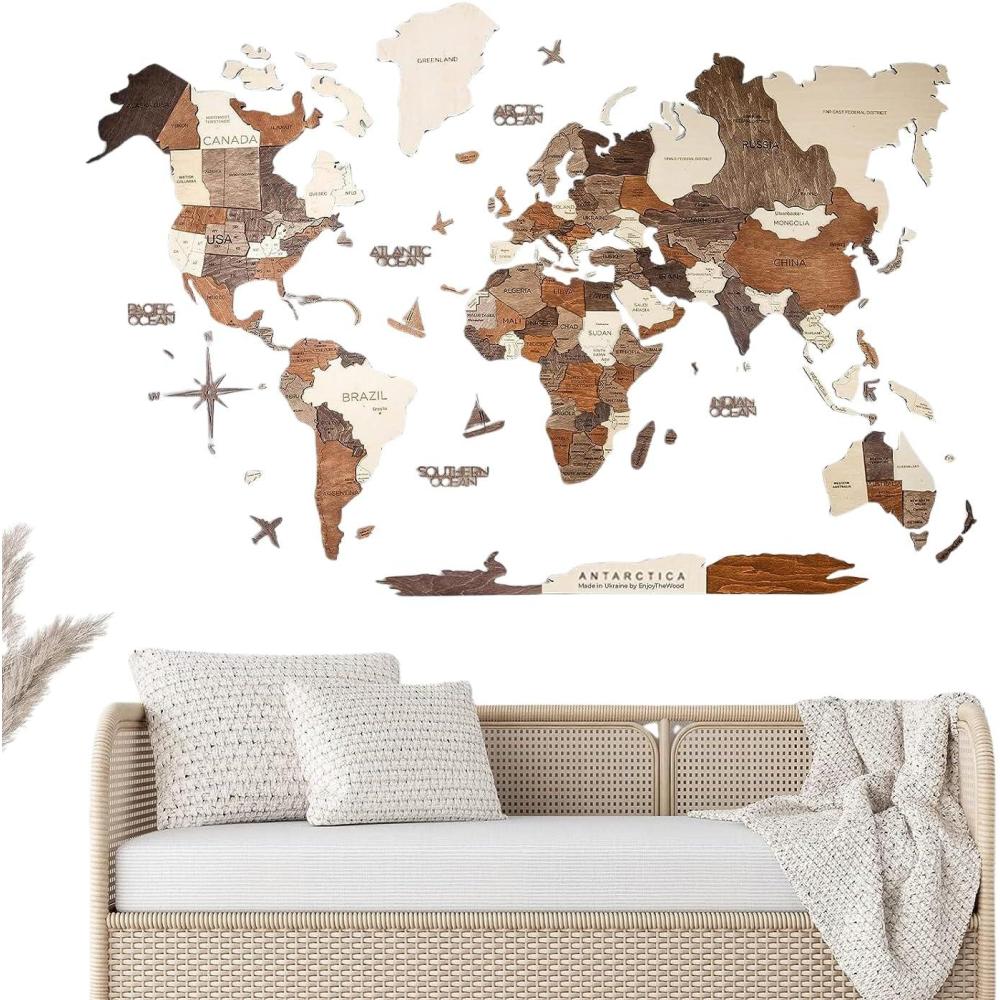 image:imageENJOY THE WOOD Home Dcor 3D Wood World Map Wall Art Large Wall Dcor World Travel Map Gift Idea Art for Home amp Kitchen or Office Small LightMulti Color