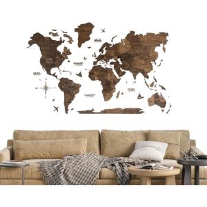 ENJOY THE WOOD Home Décor 3D Wood World Map Wall Art Large Wall Décor – World Travel Map Gift Idea – Art for Home & Kitchen or Office (Small, Light)(Dark Walnut)