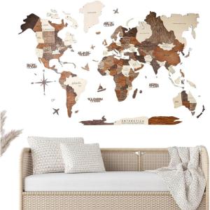 ENJOY THE WOOD Home Décor 3D Wood World Map Wall Art Large Wall Décor – World Travel Map Gift Idea – Art for Home & Kitchen or Office (Small, Light)(Multi Color)
