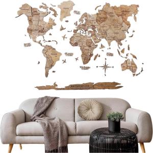 ENJOY THE WOOD Home Décor 3D Wood World Map Wall Art Large Wall Décor – World Travel Map Gift Idea – Art for Home & Kitchen or Office (Small, Light)(Terra)