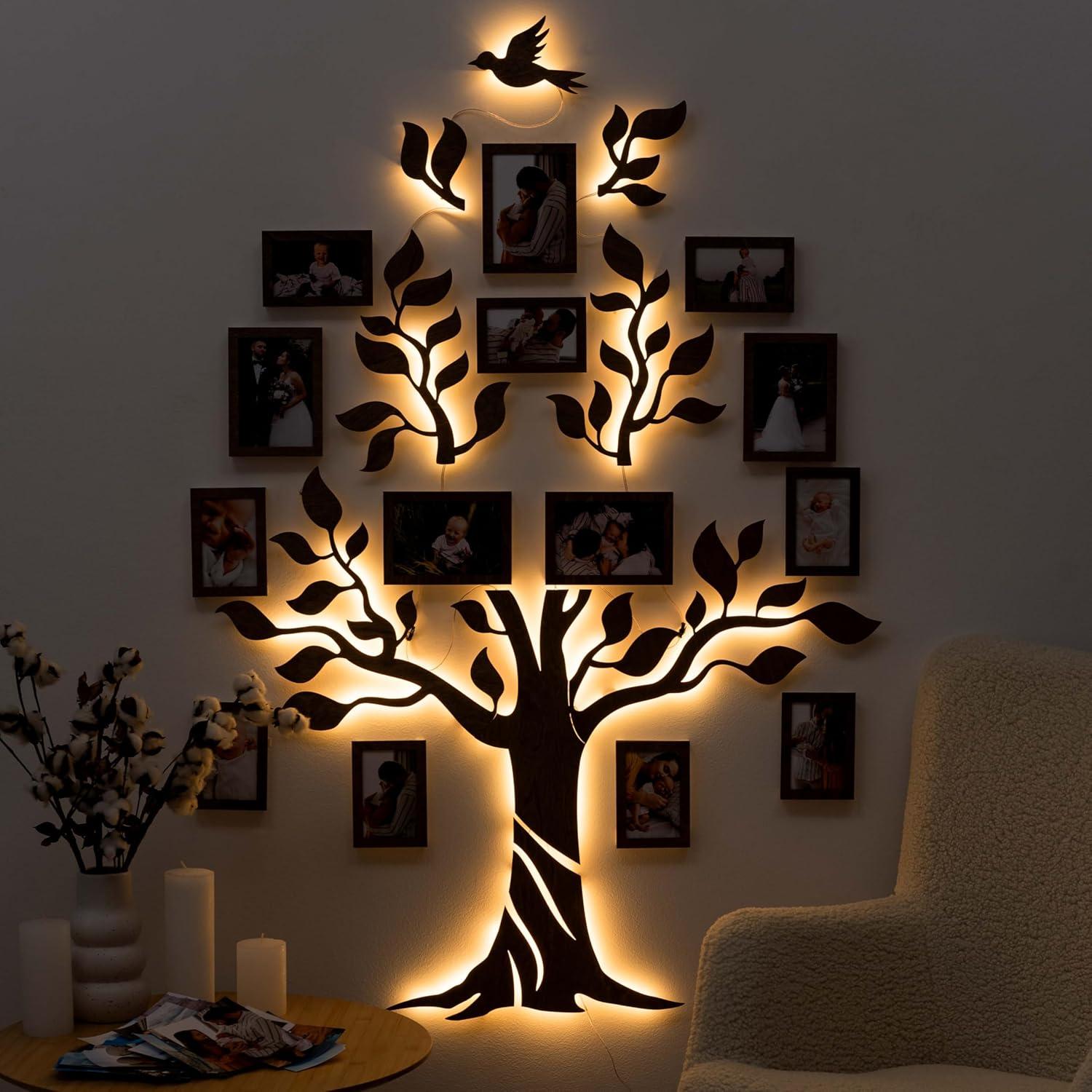 image:imageEnjoy The Wood Lighted Family Tree Wall Decor 3D LED Photo Collage Wooden Wall Decor Sticker Picture Wall Tree LED Family Tree Picture Frame Design 2