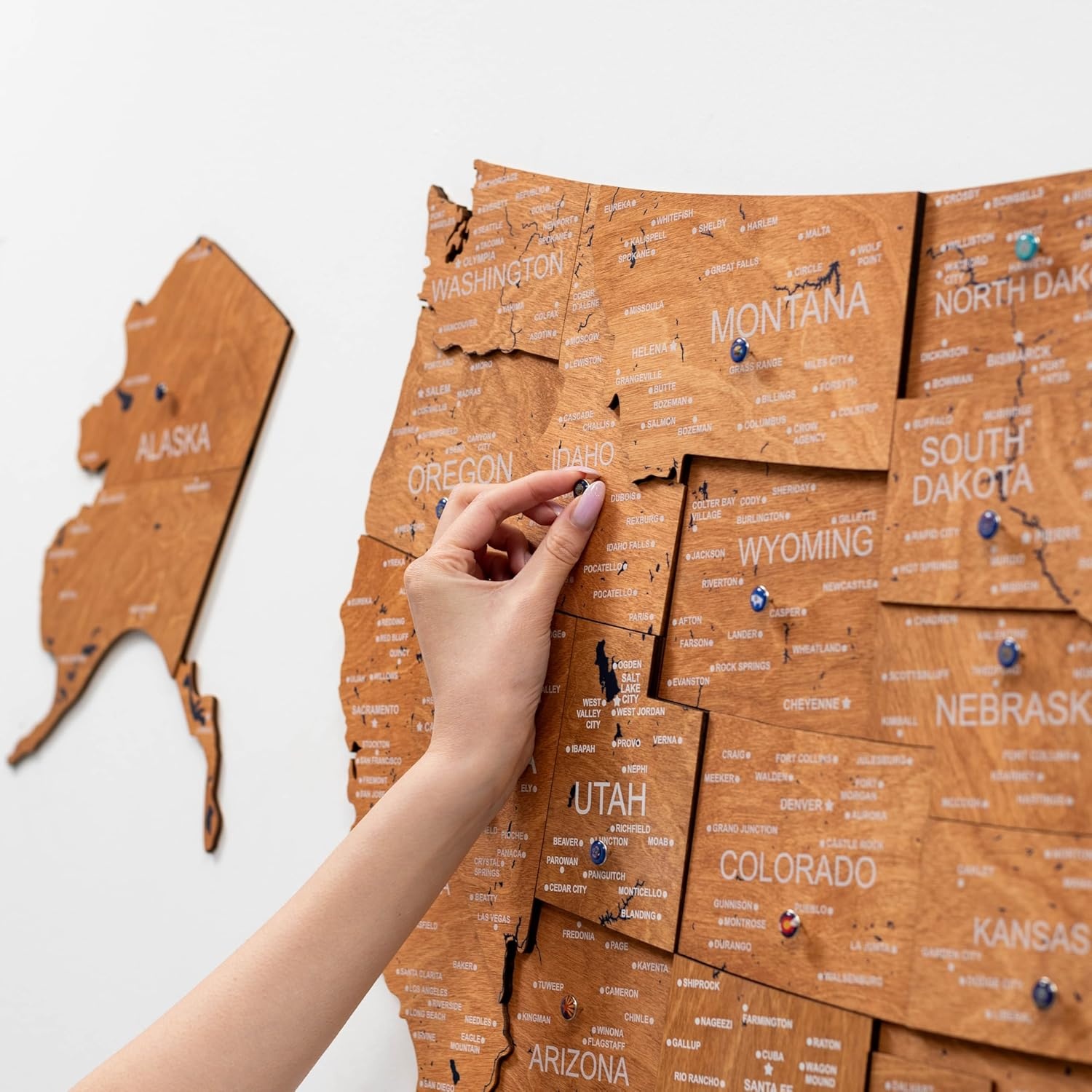 image:imageEnjoy The Wood Wooden USA Map Visited Places 3D US States Map Travel Tracker Wooden Map Wall Decor Mark Your Travels Map Wood Wall Art For Home amp Kitchen or Office US Flags Push Pins AddonsOak