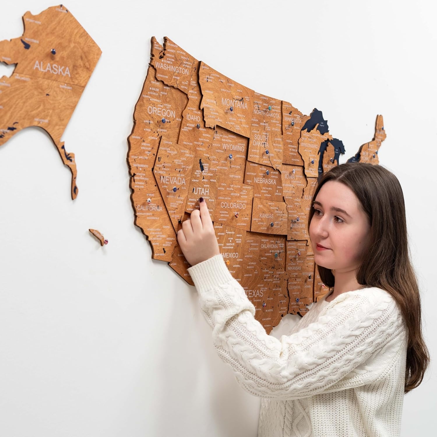 image:imageEnjoy The Wood Wooden USA Map Visited Places 3D US States Map Travel Tracker Wooden Map Wall Decor Mark Your Travels Map Wood Wall Art For Home amp Kitchen or Office US Flags Push Pins AddonsOak