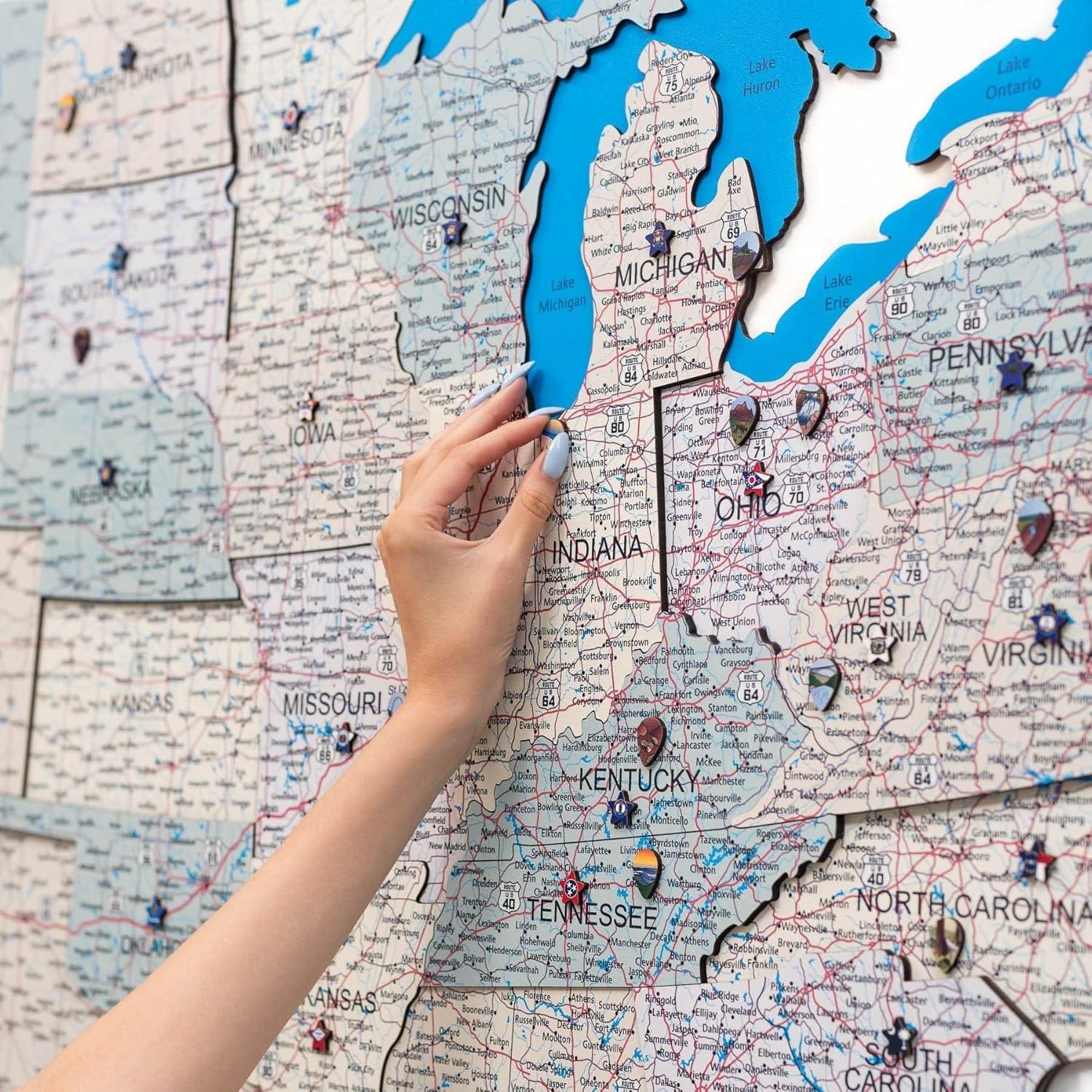 image:imageEnjoy The Wood Wooden USA Map Visited Places 3D US States Map Travel Tracker Wooden Map Wall Decor Mark Your Travels Map Wood Wall Art For Home amp Kitchen or Office US Flags Push Pins AddonsWith Roads
