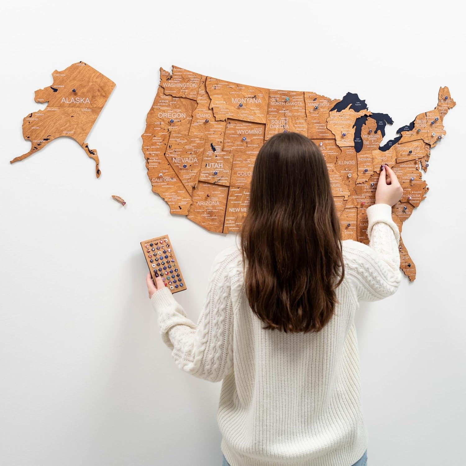 image:imageEnjoy The Wood Wooden USA Map Visited Places 3D US States Map Travel Tracker Wooden Map Wall Decor Mark Your Travels Map Wood Wall Art For Home amp Kitchen or Office US Flags Push Pins AddonsOak