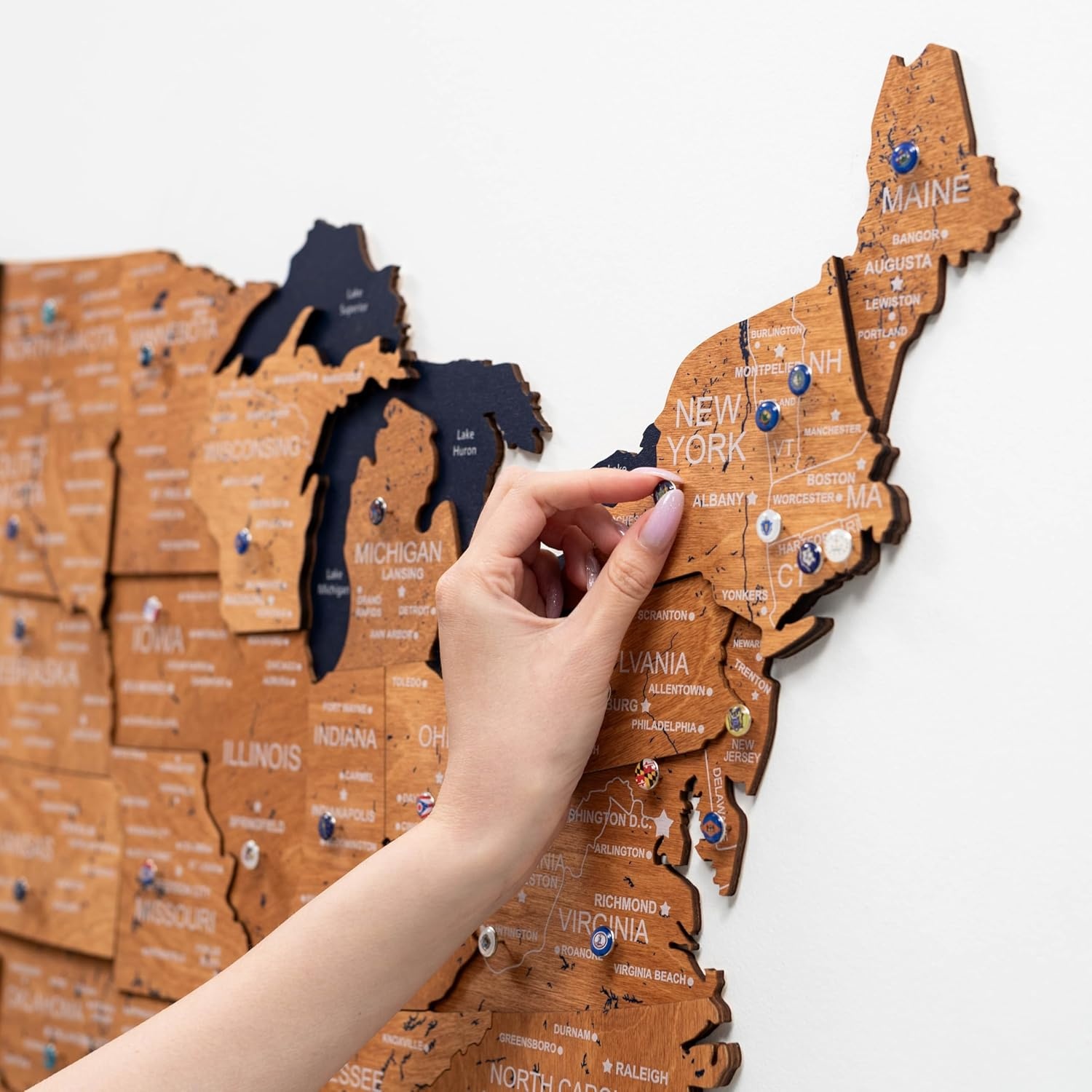 image:imageEnjoy The Wood Wooden USA Map Visited Places 3D US States Map Travel Tracker Wooden Map Wall Decor Mark Your Travels Map Wood Wall Art For Home amp Kitchen or Office US Flags Push Pins AddonsUS Flags Push Pins