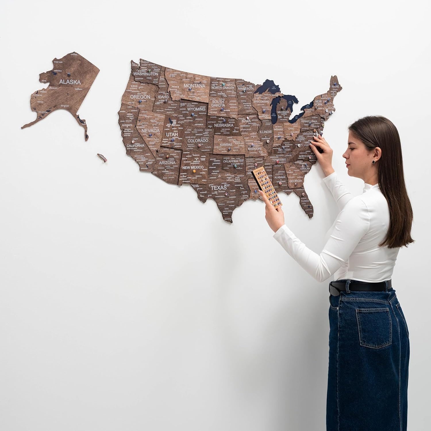 image:imageEnjoy The Wood Wooden USA Map Visited Places 3D US States Map Travel Tracker Wooden Map Wall Decor Mark Your Travels Map Wood Wall Art For Home amp Kitchen or Office US Flags Push Pins AddonsDark Walnut