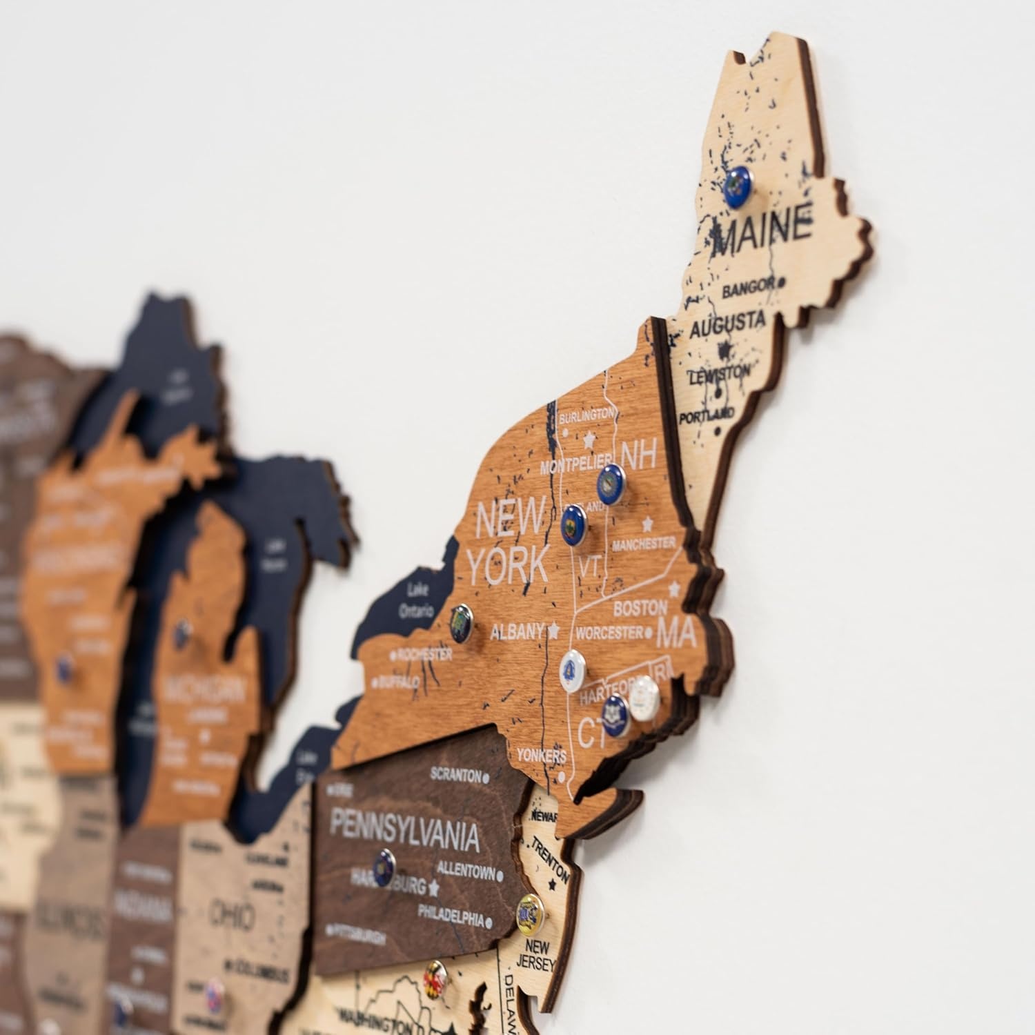 image:imageEnjoy The Wood Wooden USA Map Visited Places 3D US States Map Travel Tracker Wooden Map Wall Decor Mark Your Travels Map Wood Wall Art For Home amp Kitchen or Office US Flags Push Pins AddonsUS Flags Push Pins