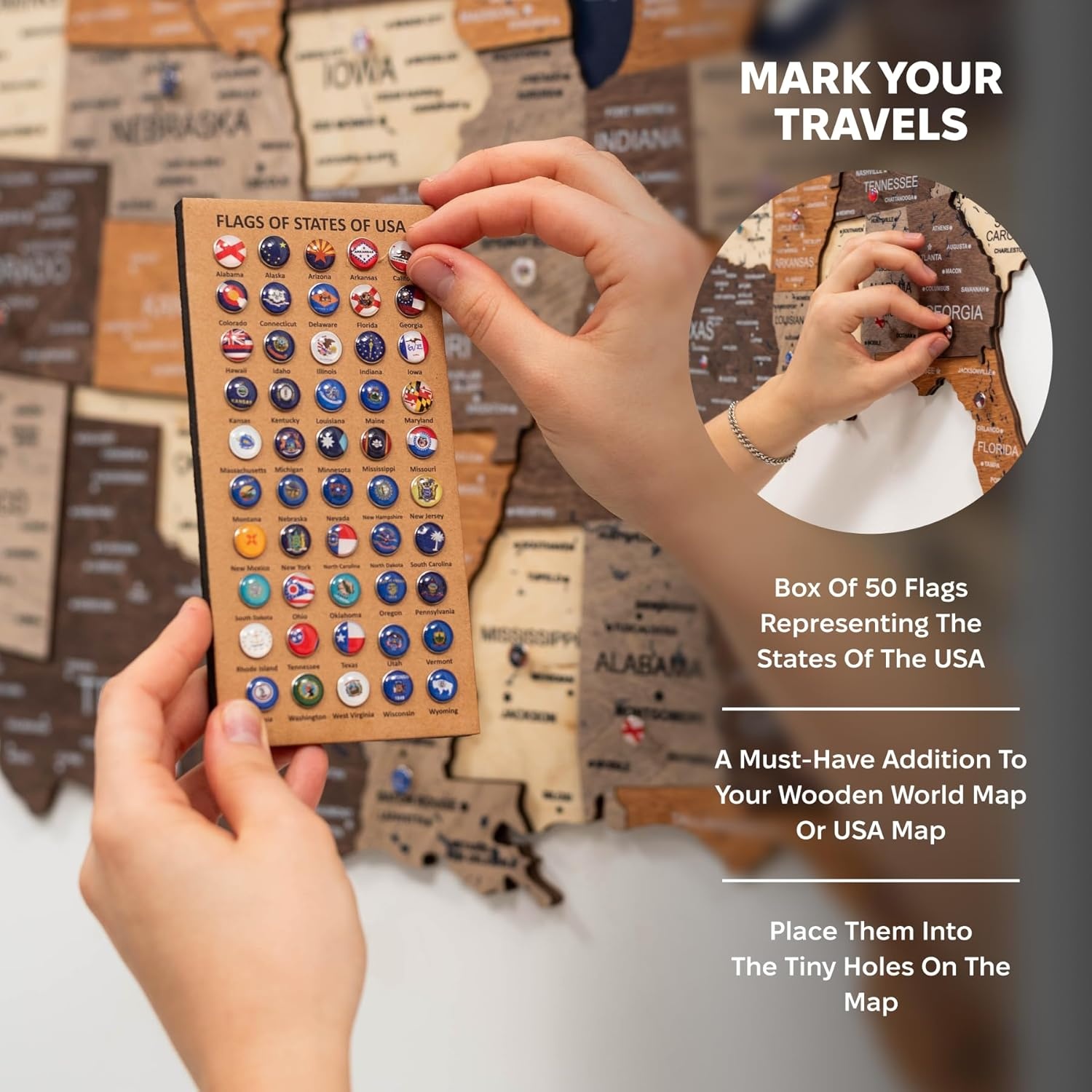 image:imageEnjoy The Wood Wooden USA Map Visited Places 3D US States Map Travel Tracker Wooden Map Wall Decor Mark Your Travels Map Wood Wall Art For Home amp Kitchen or Office US Flags Push Pins AddonsSmokey