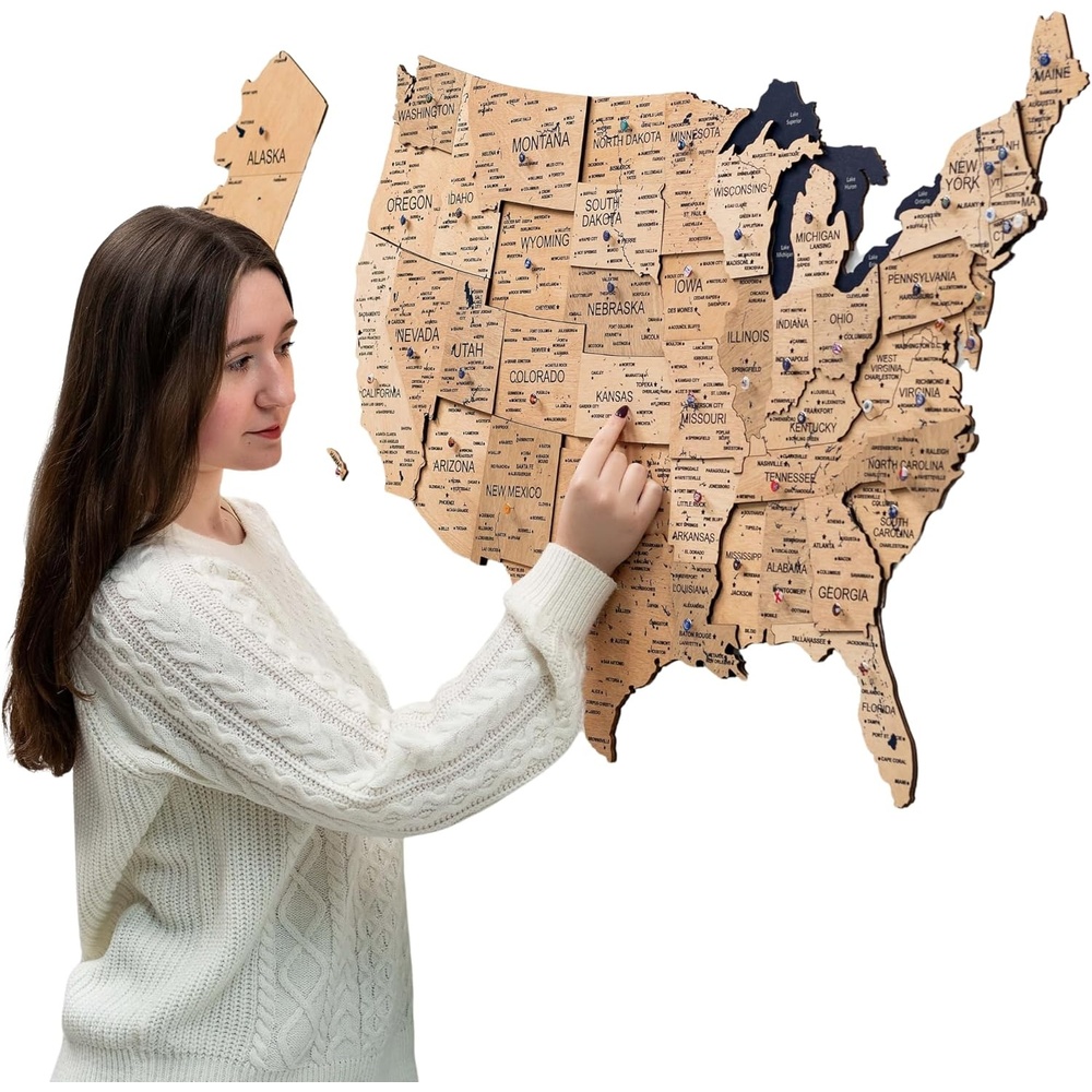 image:imageEnjoy The Wood Wooden USA Map Visited Places  3D US States Map Travel Tracker Wooden Map Wall Decor  Mark Your Travels Map Wood Wall Art For Home amp Kitchen or Office US Flags Push Pins AddonsGold